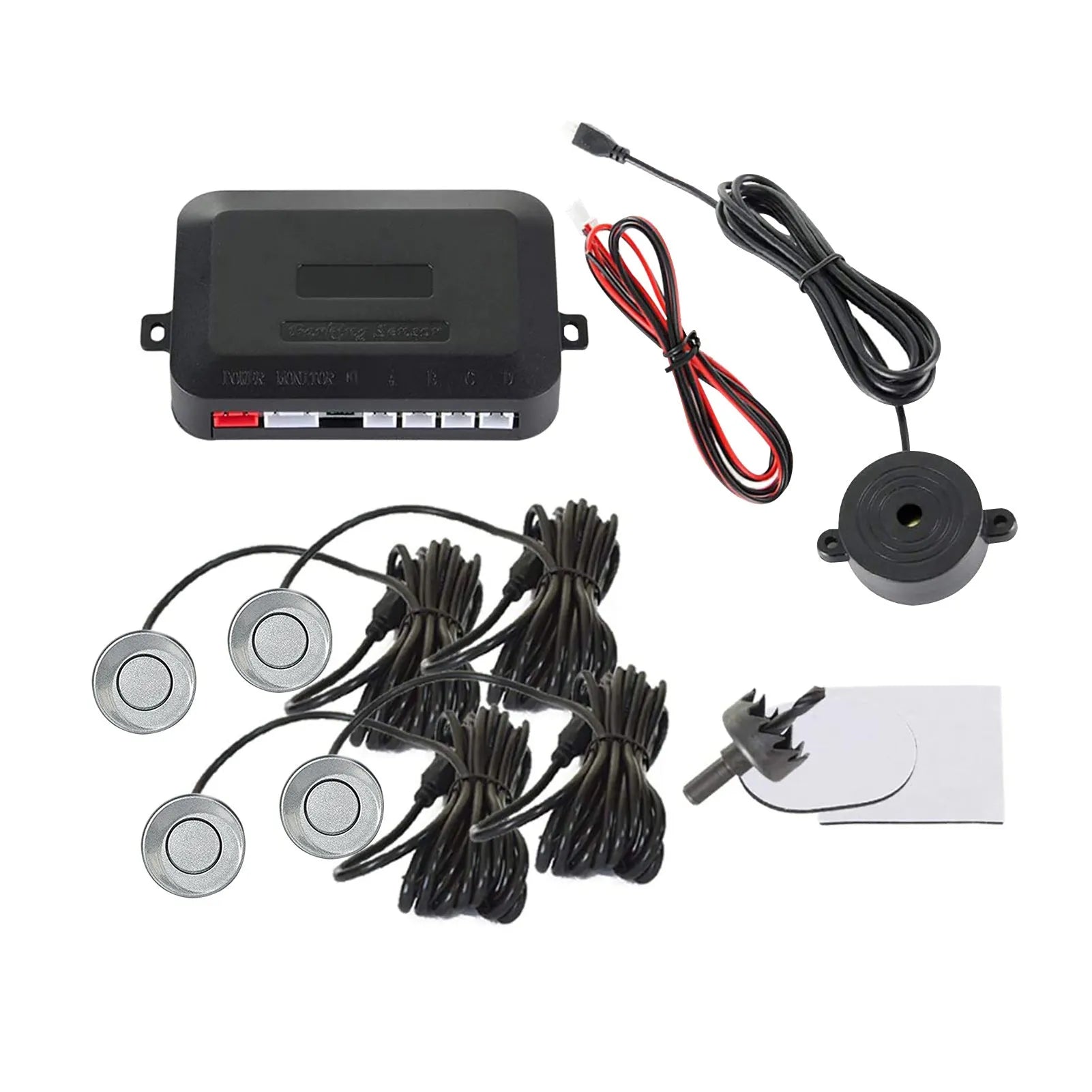 4-probe buzzer reversing radar system with sensors, control module, and installation tools for vehicle parking safety