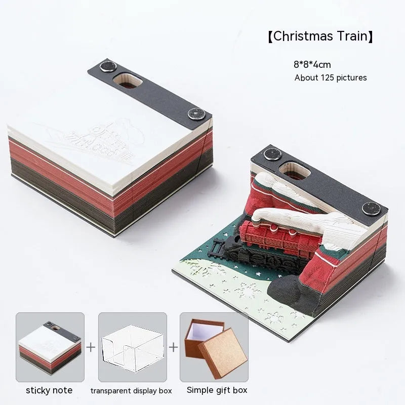 3D sticky notes with paper carving of Qingshui Temple, Christmas Train colour.