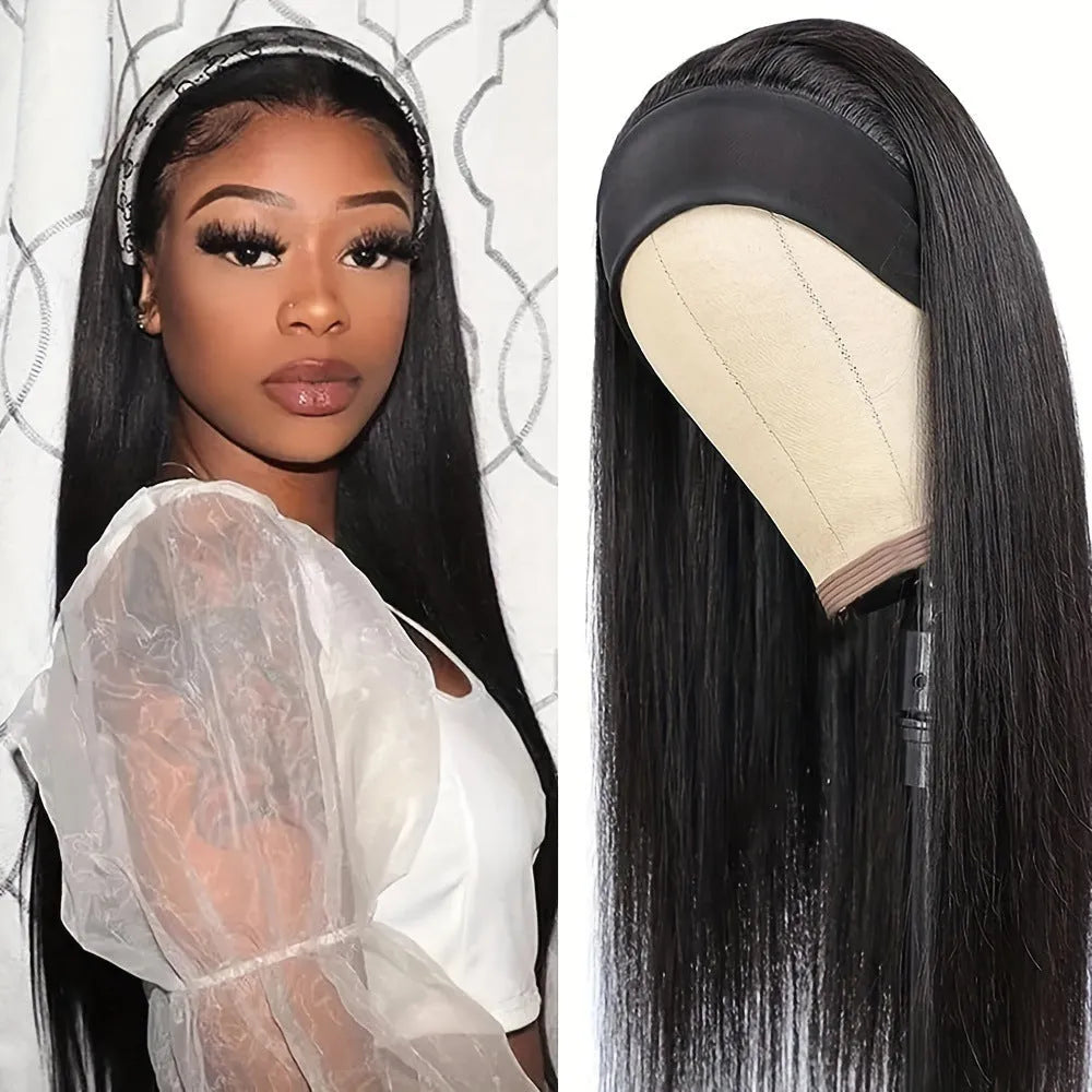 Headband wig with straight or curly high-temperature fibre hair in black or wine red