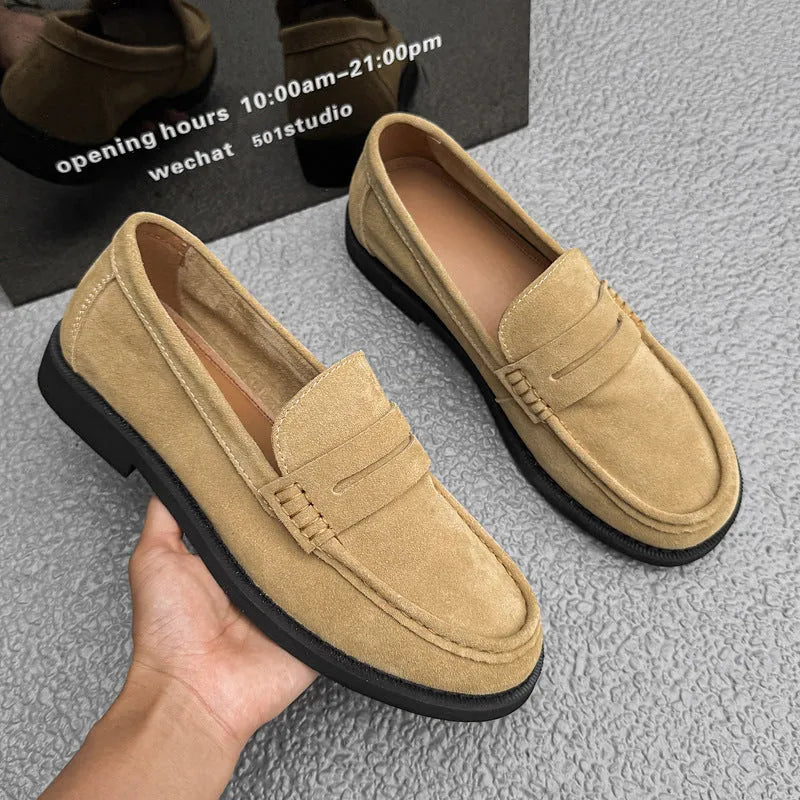 Men's slip-on casual shoes in microfiber, shown in apricot colour with a rubber sole.