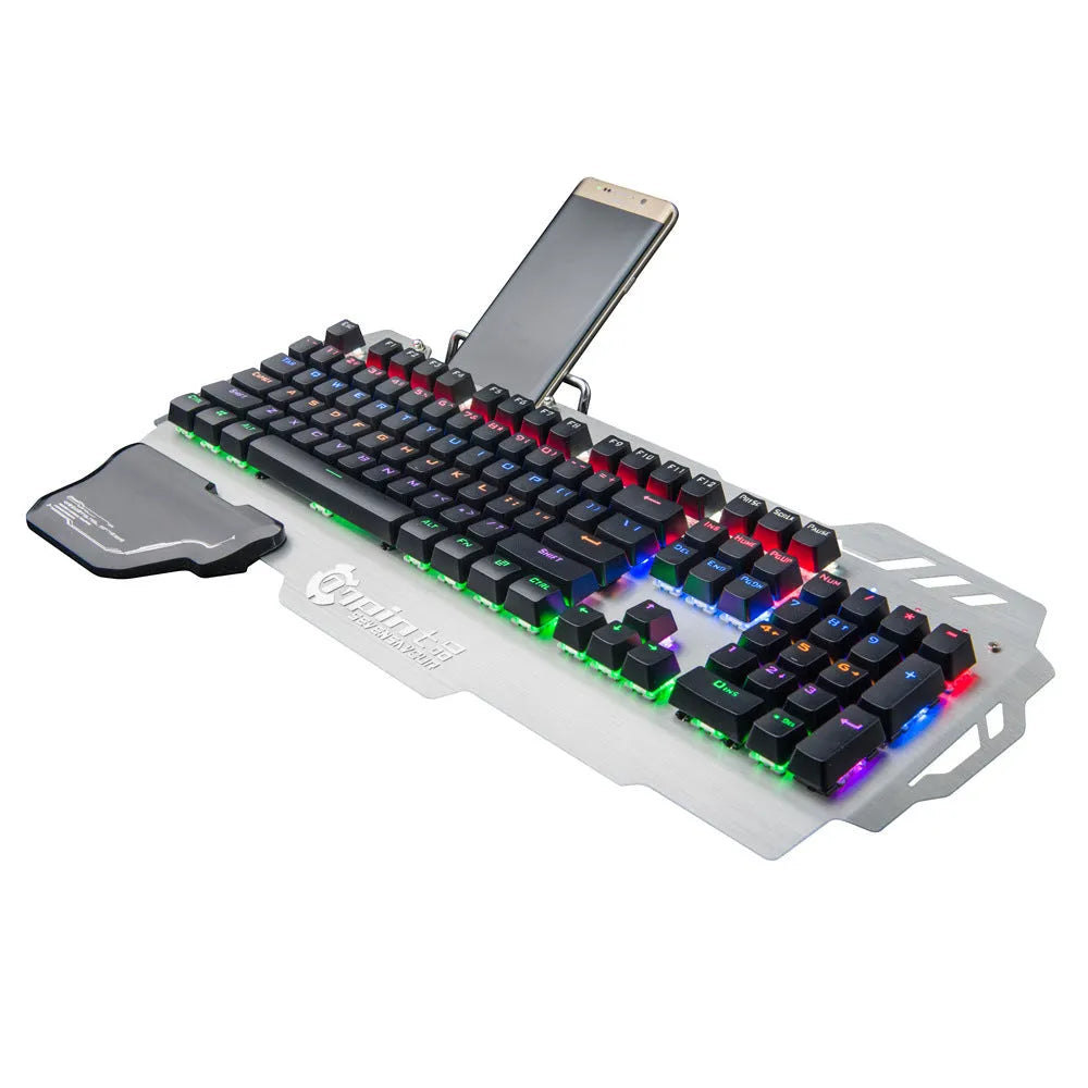 Silver metal gaming keyboard with green axis mechanical switches and integrated wrist splint