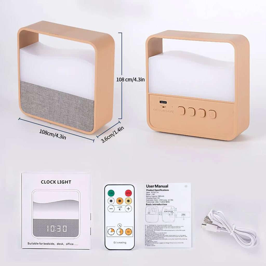 Wood grain alarm clock night lamp with remote control, warm white 3W LED, 109x107x36mm geometric bedside unit