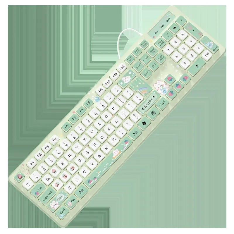 Milk tea rabbit cute chocolate keyboard in strawberry powder, ice blue, purple, green, or Iris tectorum Blue, wired or wireless.
