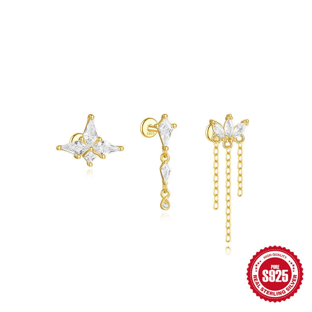 S925 sterling silver geometric kite earrings with rhinestone accents and chain tassels in gold colour
