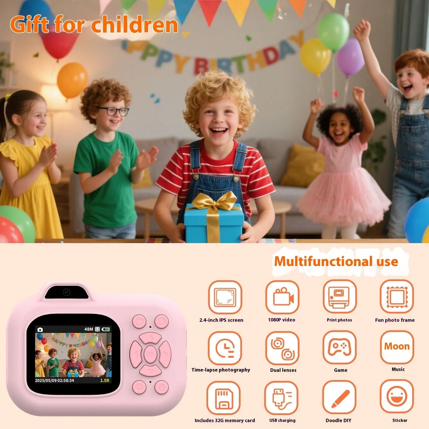Children's plastic digital camera toy in pink, blue or purple with photography, video and game functions
