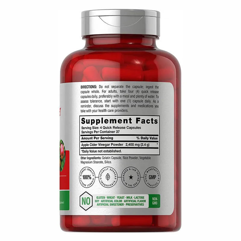 Bottle of 150 apple cider vinegar health supplement capsules.