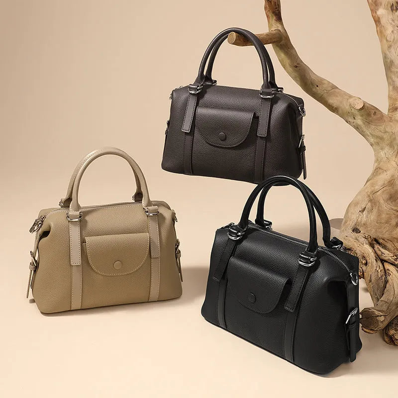 Genuine leather ladies' handbag in elephant grey with contrast stitching and lock detail, 27x12x20cm