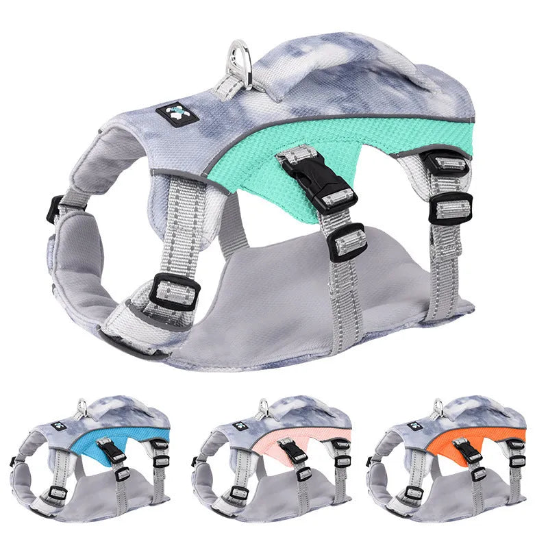 Reflective pet cooling chest strap in light blue with adjustable buckles and D-ring