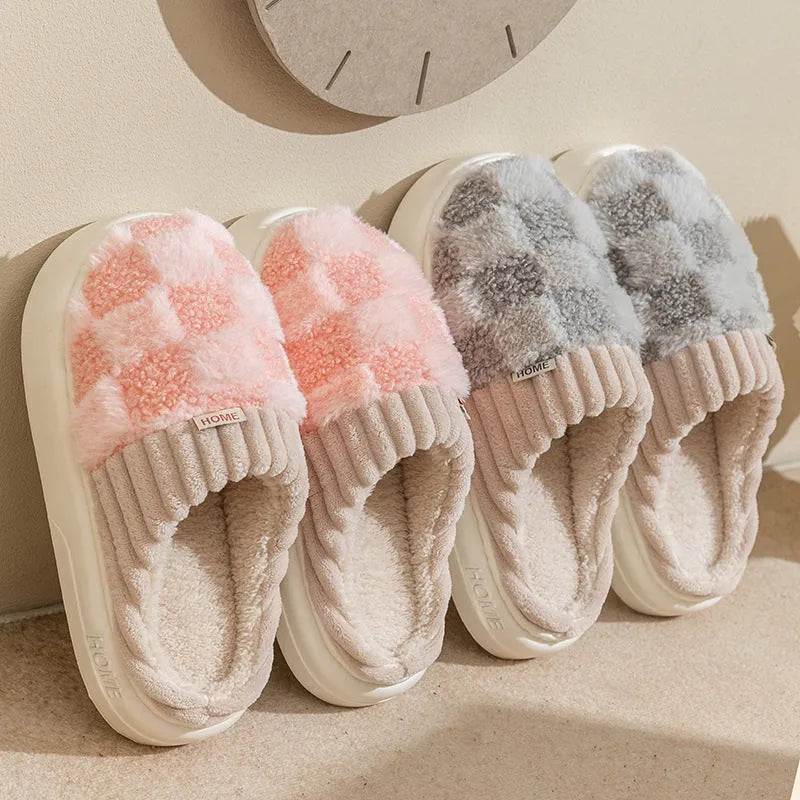 Plaid plush slippers for women with non-slip PVC sole and warm plush lining in multiple colours