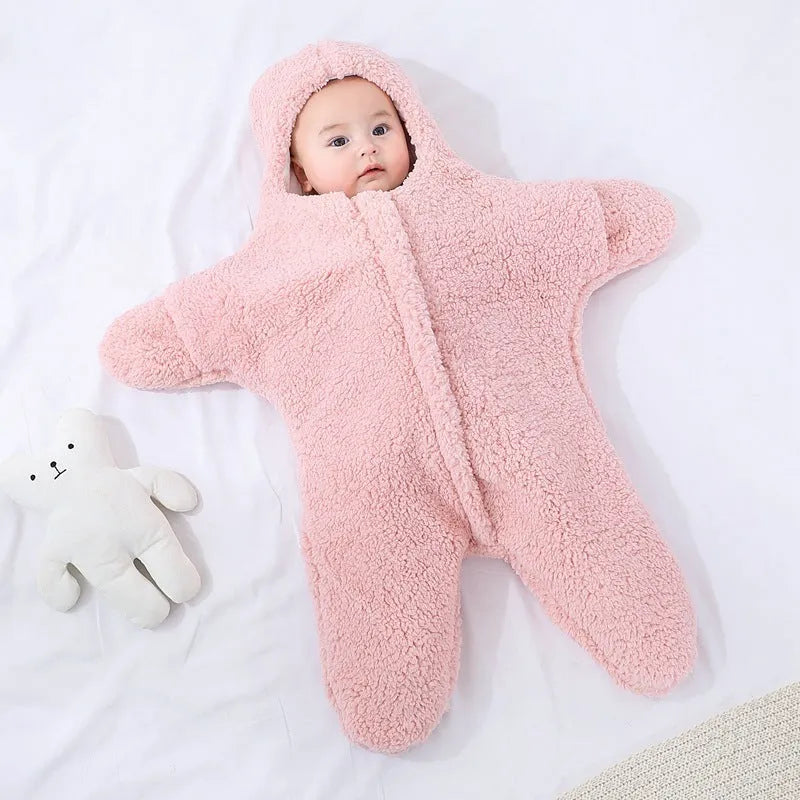 Hooded baby sleeping bag in cashmere cotton fabric with zip opening and hand cuffs