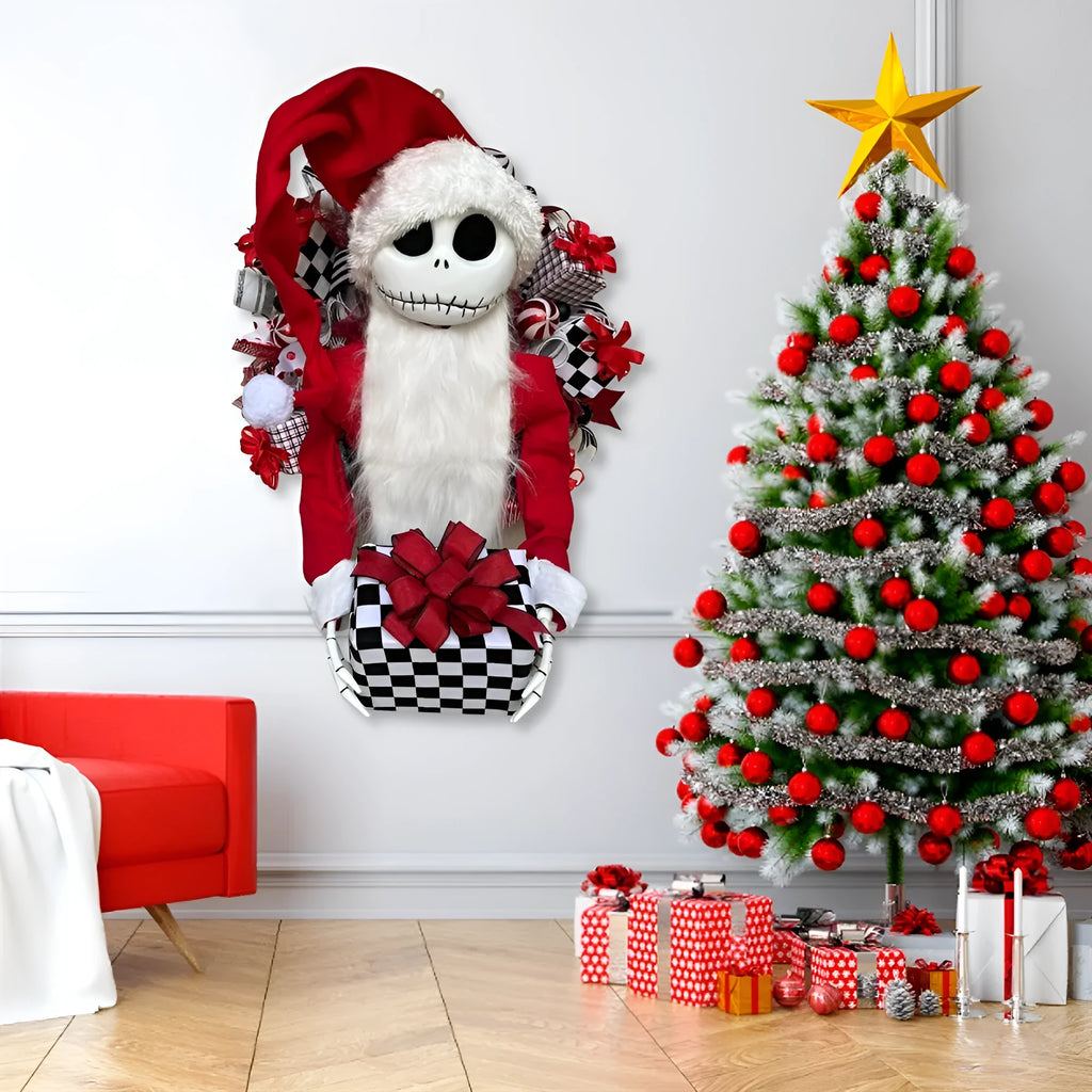 Three-dimensional Jack doll Christmas garland with wood and fabric construction for window displays