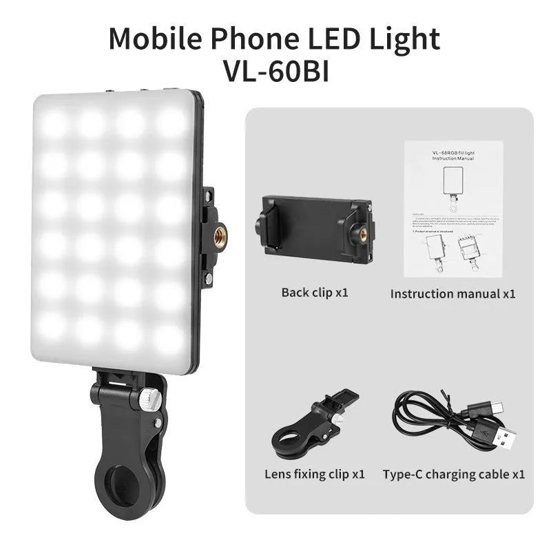 VL-60BI and VL-68BI pocket LED fill lights with clip attachment showing 10.4cm by 7.5cm by 12.5cm dimensions