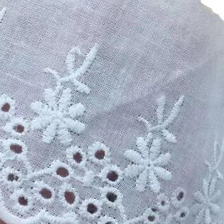 Reel of white embroidered cotton lace trim with a cutout design, showing four different width styles for DIY sewing.