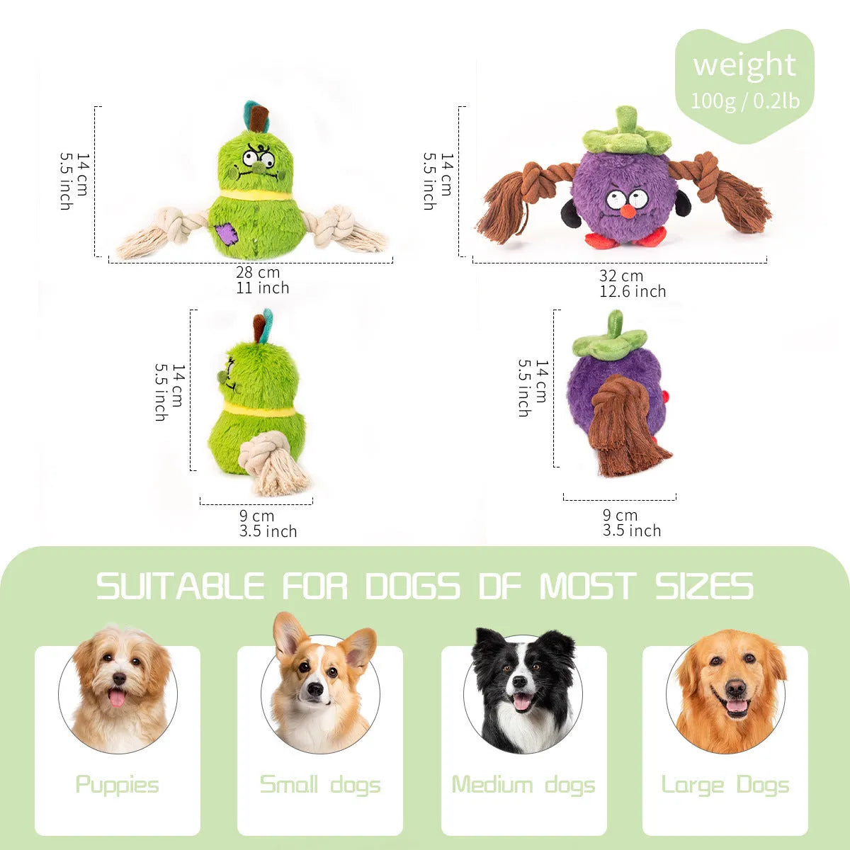 Green and purple interactive dog plush rope knot tug toy with bite-resistant texture