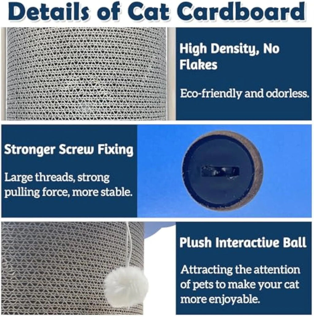White corner cat scratcher with replaceable cardboard pad and hanging ball for furniture protection