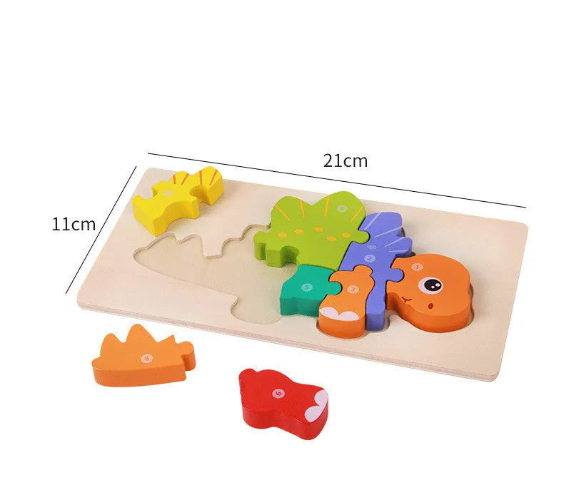 Wooden dinosaur 3D puzzle building blocks set showing six prehistoric dinosaur designs for children