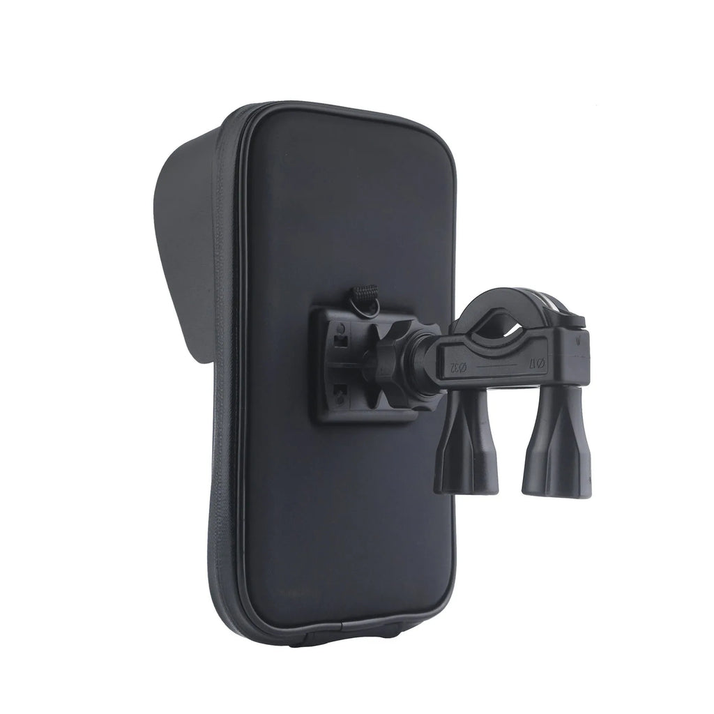 Waterproof cycling phone bag mounted on bicycle handlebar with clear window showing phone screen