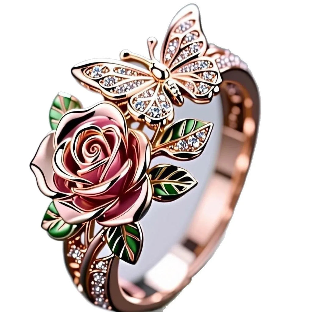 Adjustable fairy-style alloy ring with dripping oil treatment showing butterfly and floral motifs