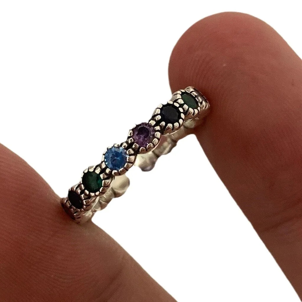 Women's geometric zinc alloy ring with colourful zircon stones and adjustable opening in retro silver finish