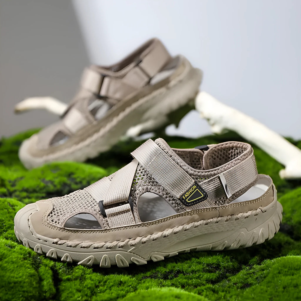 Men's casual sandals with hollow mesh surface and genuine leather upper in grey colour