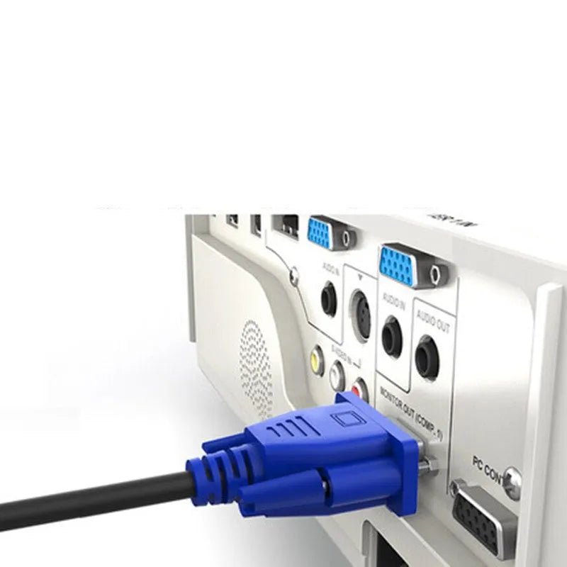 Black VGA video cable with blue moulded connectors and nickel-plated pins, length 1.5 metres.