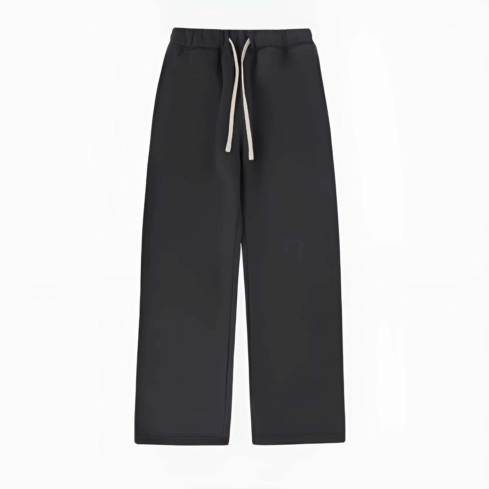 Men's black fleece-lined drawstring sweatpants with an elastic waistband, shown in a loose fit.