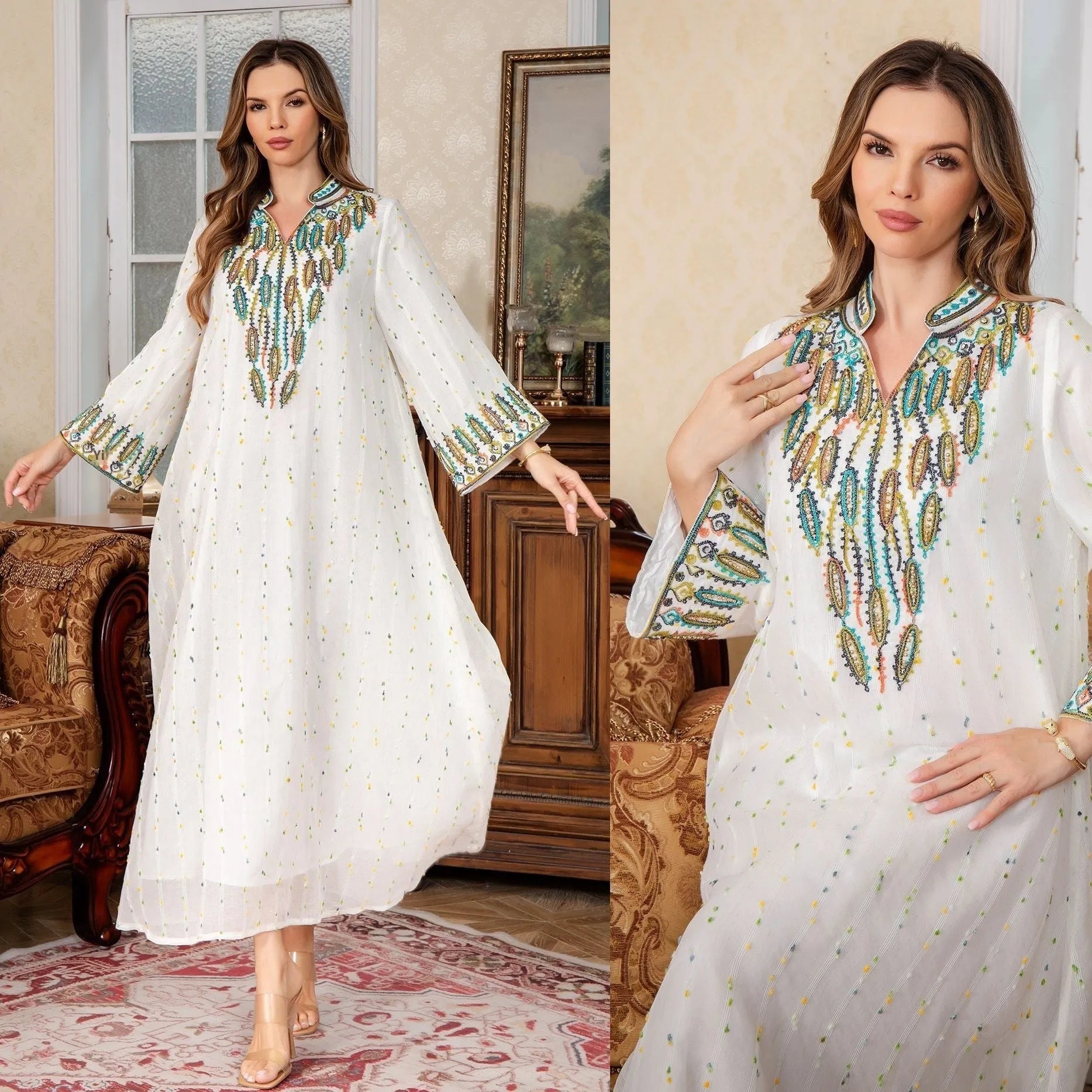 White long sleeve Arabic robe abaya with long skirt on a hanger