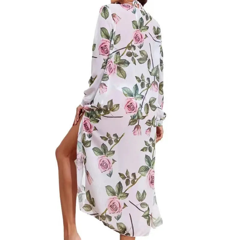 White women's three-piece bikini swimsuit set with printed pattern, includes bra, shorts, and matching beach coat.