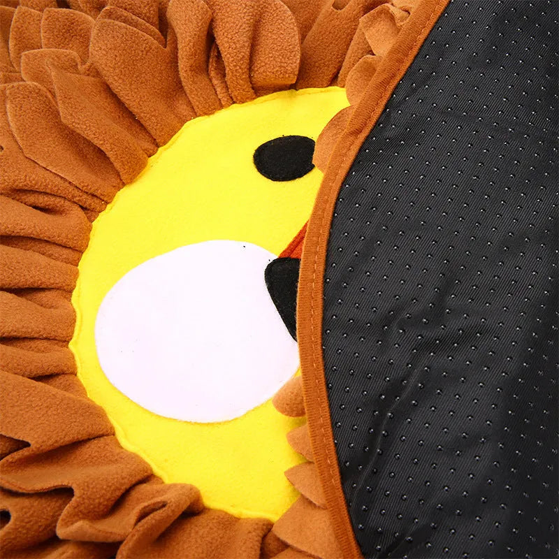 Brown lion sniffing pad measuring 33x25cm with 10cm depth for hiding pet treats