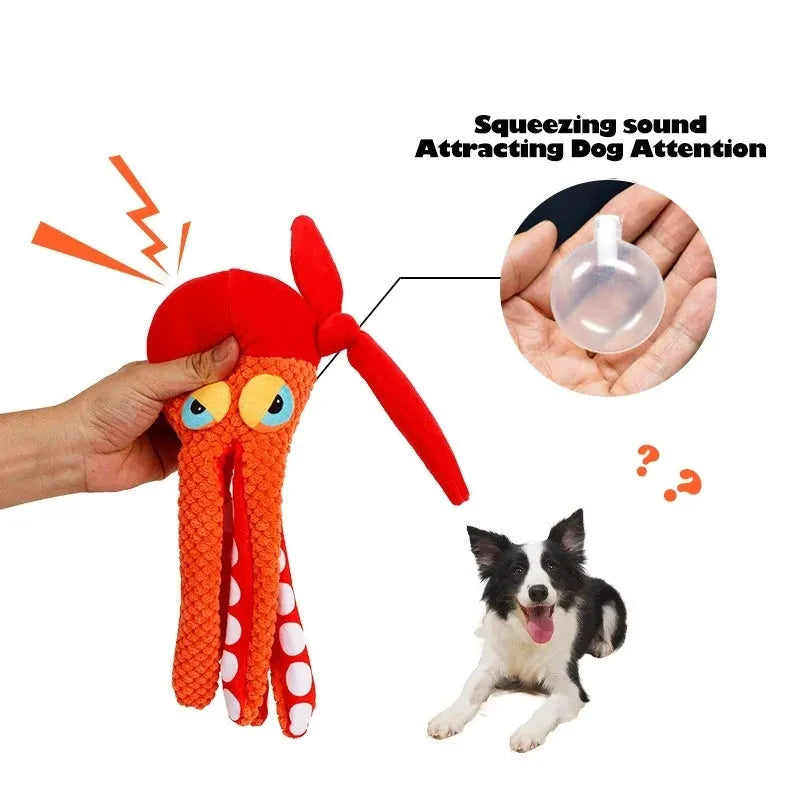 Orange octopus plush dog chew toy with textured tentacles and squeaker for dental cleaning