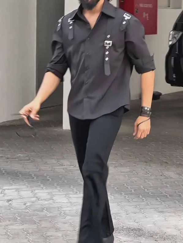 Men's black button-up utility shirt with regular fit, made from polyester, shown in a front view for daily wear