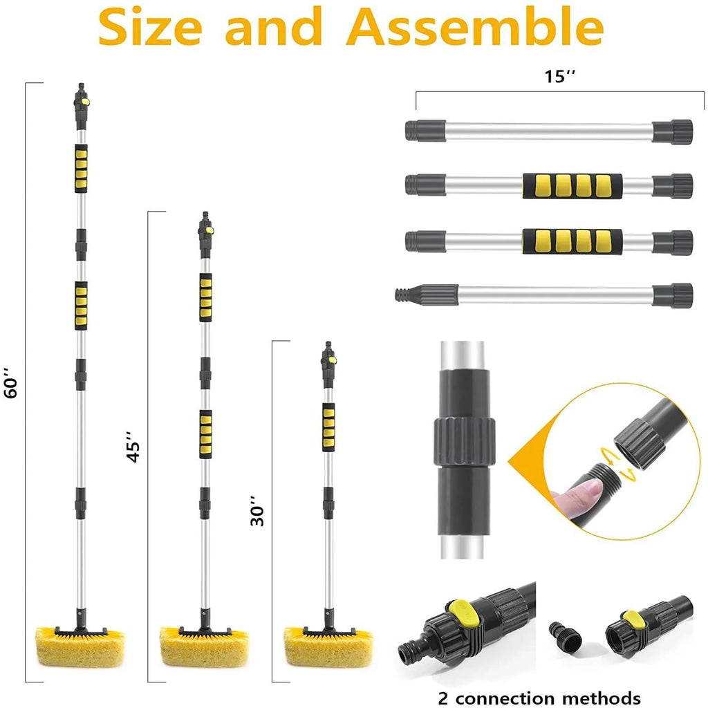 Yellow car wash brush with four-section removable rod and flow-through brush head for portable vehicle cleaning