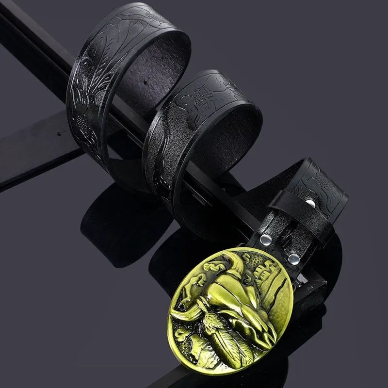 Men's black imitation leather belt with cow head alloy buckle, showing carving and embossing details, length 125cm