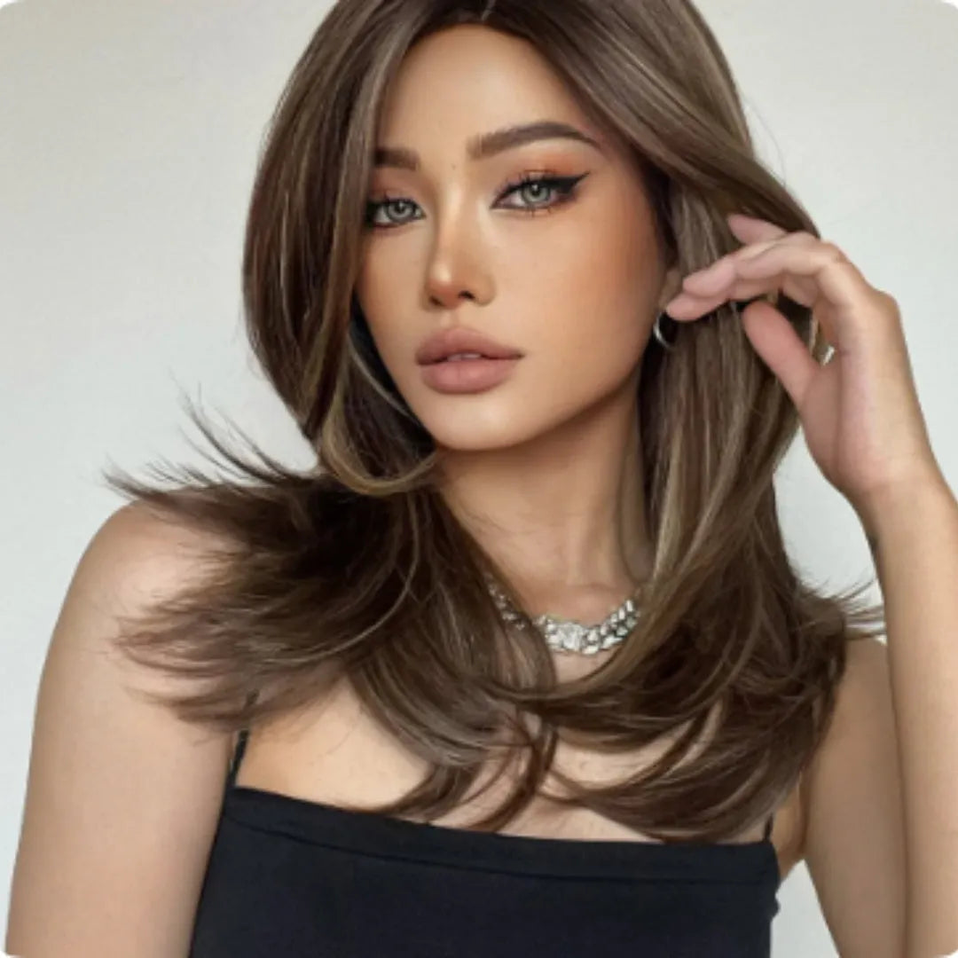 Mid-length synthetic wig with gradient colour and long curly style with bangs