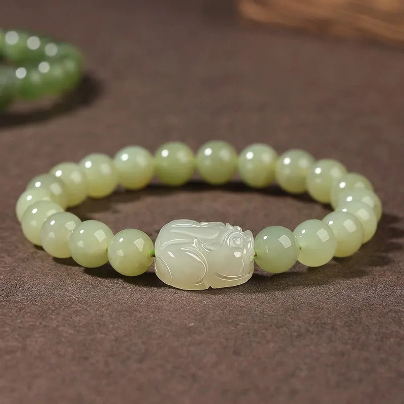 Grey Hetian jade leather show bracelet for women in ethnic style with polished beads