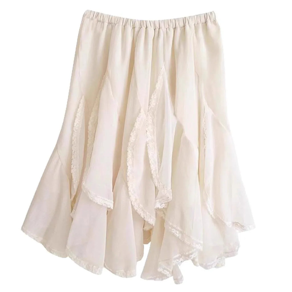 Apricot high-waisted A-line skirt with French irregular lace patch, short polyester skirt in sizes S to XL
