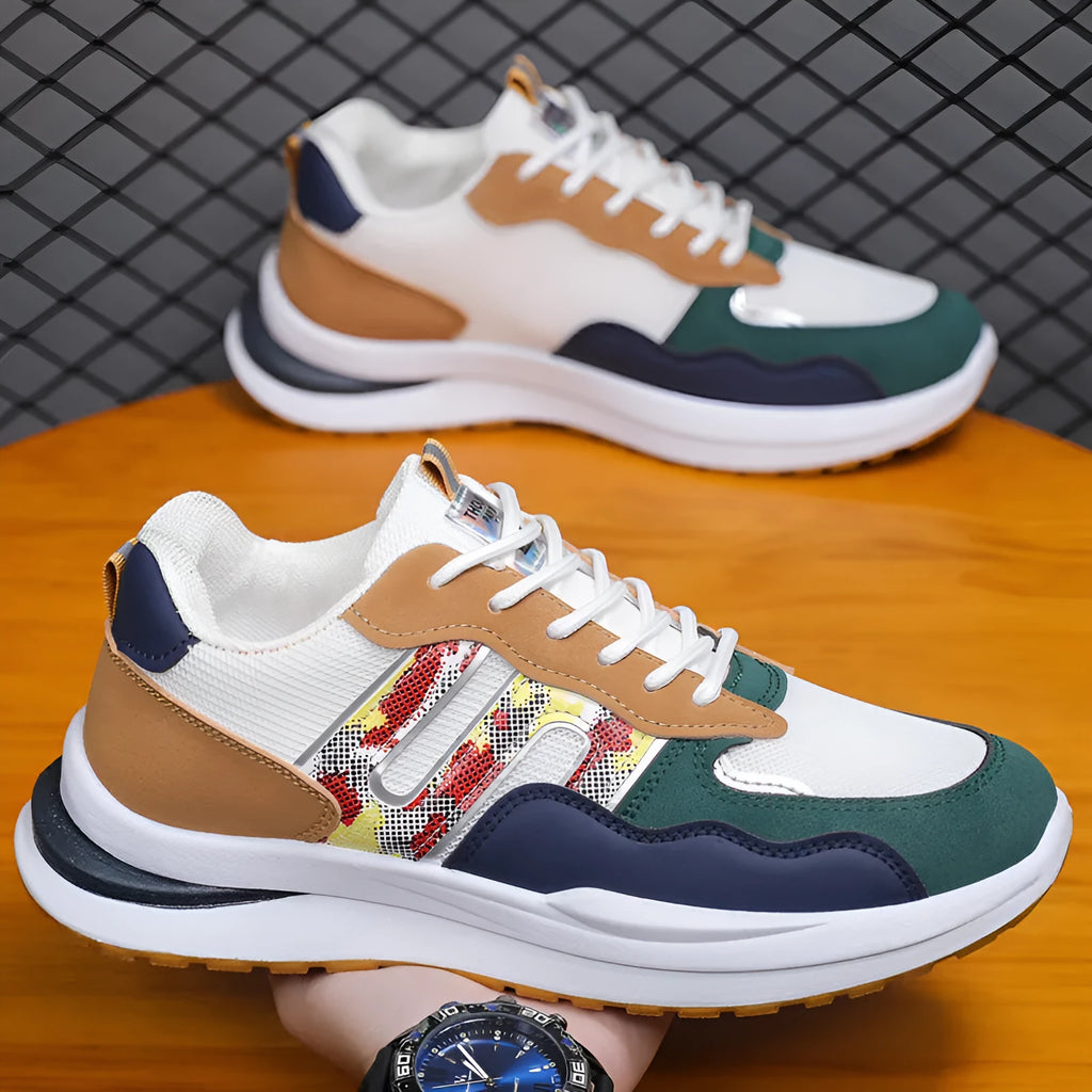 Men's white green mesh sports casual shoes with a leather toe holder on a plain background.