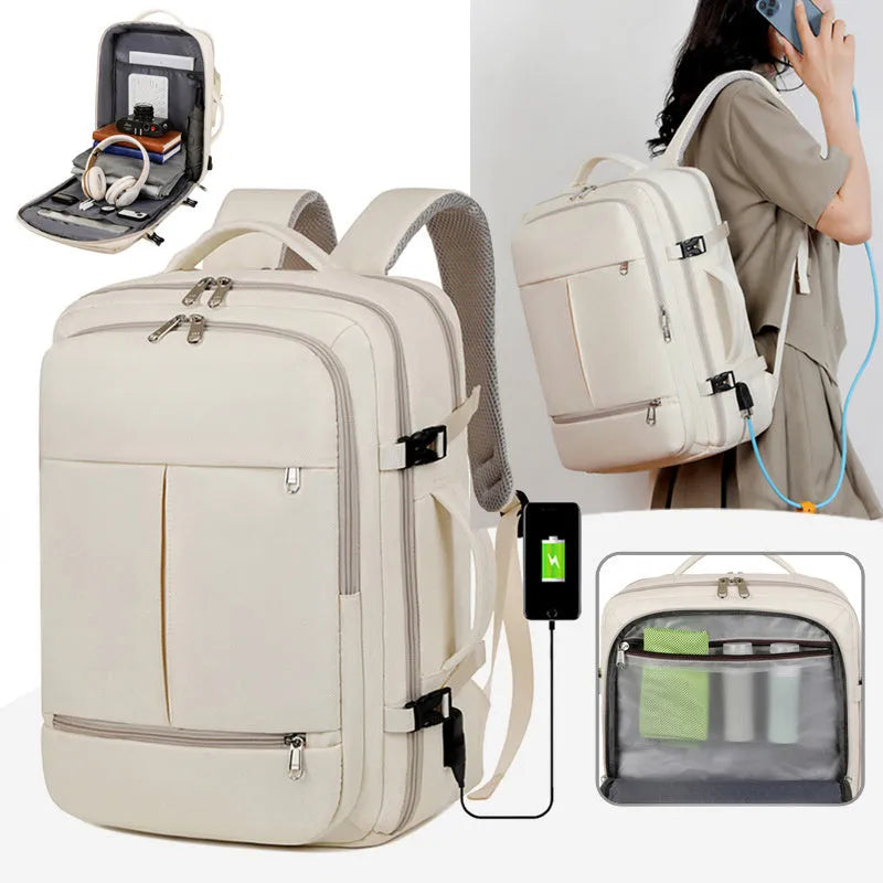 Large capacity backpack showing multiple pockets and zippers, designed for 15.6-inch computers and business travel