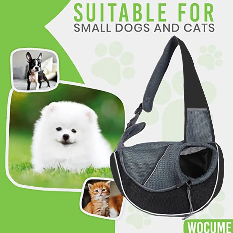 Oxford cloth crossbody pet bag for small dogs and cats, sizes S and M, with drawstring and bottom zipper, shown in black, blue, green, orange, or purple.