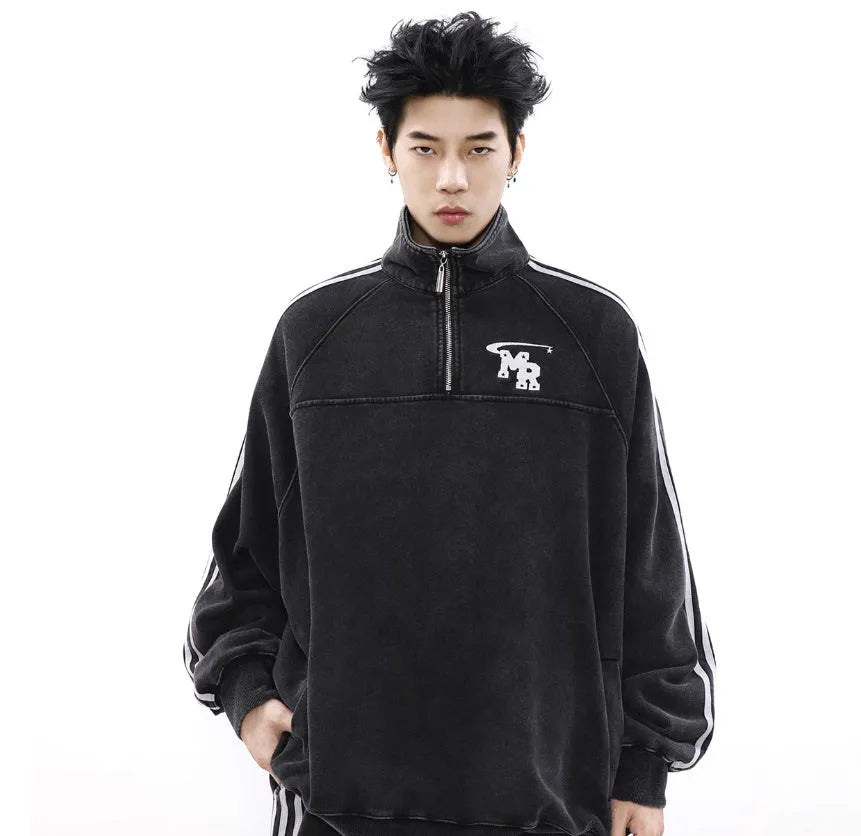 Black stand collar polyester hoodie with American retro style and Hong Kong design elements for sports wear