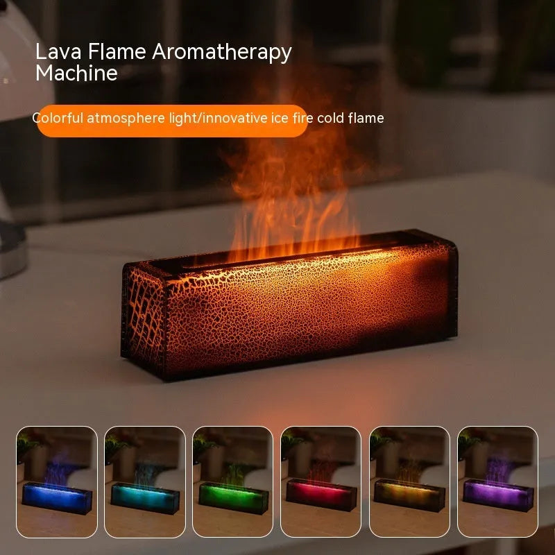 Square desktop humidifier with colourful flame lighting effect, measuring 15x15x20cm, showing water mist emission