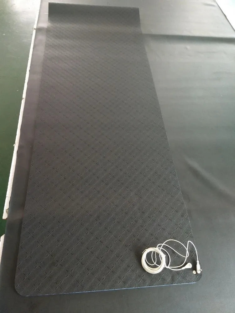 Blue conductive yoga mat with plants pattern, grounding wire, and 182 cm length for tall users