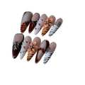 Handmade French style leopard print nail stickers with cross and flower patterns, 10 pieces pack, wear-resistant long tip design