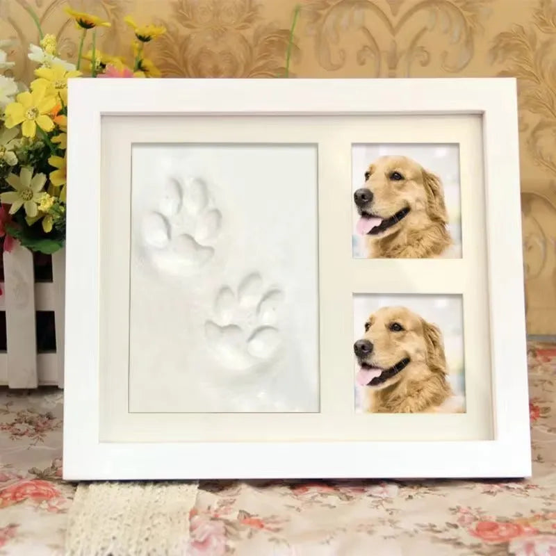 Pet paw print photo frame with 4-inch square opening for dog or cat footprint memorial display