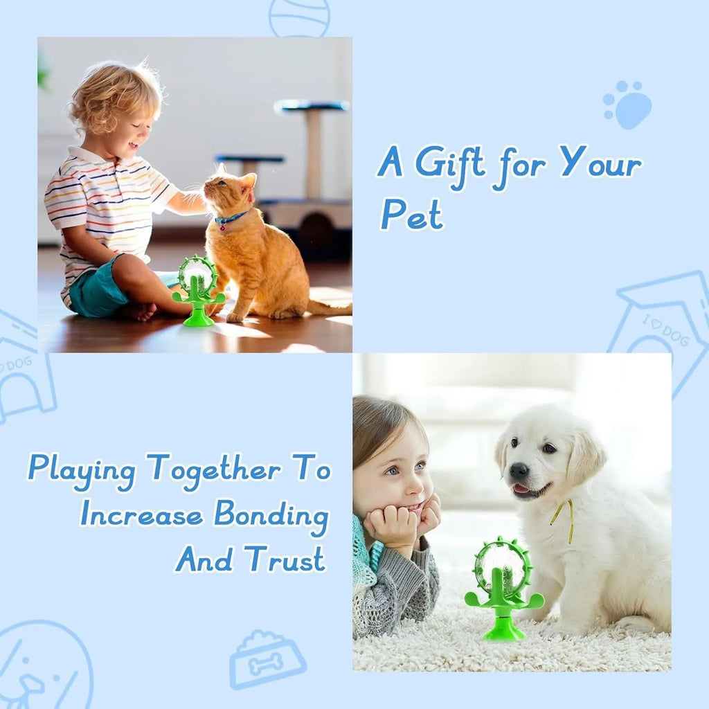 Interactive pet puzzle toy with rotating food dispenser and sucker base in blue, green, red, or yellow