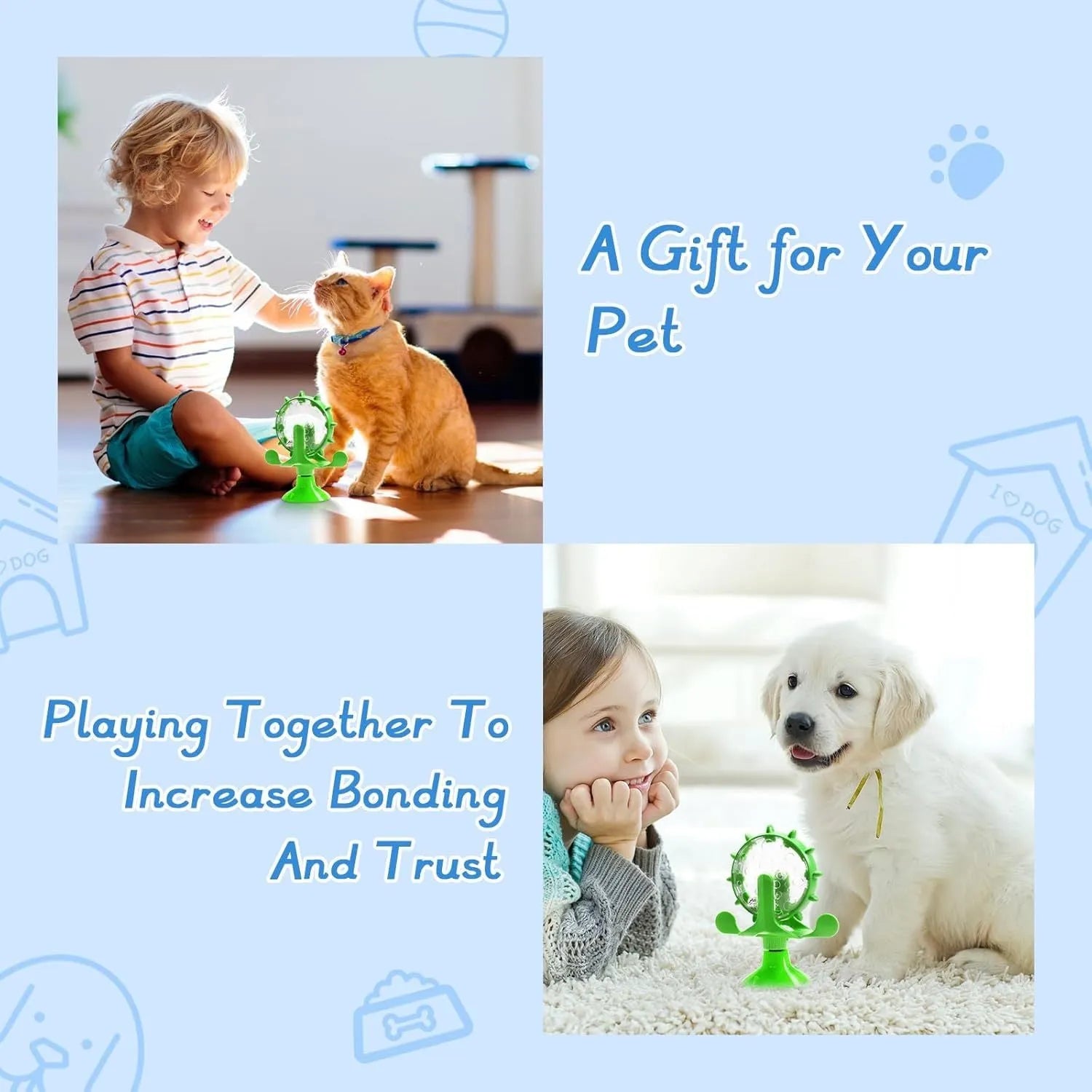 Interactive pet puzzle toy with rotating food dispenser and sucker base in blue, green, red, or yellow