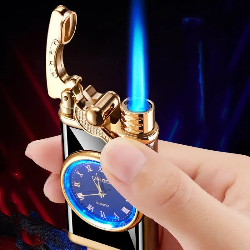 Zinc alloy watch-style lighter with a dial, showing adjustable blue flame ignition.