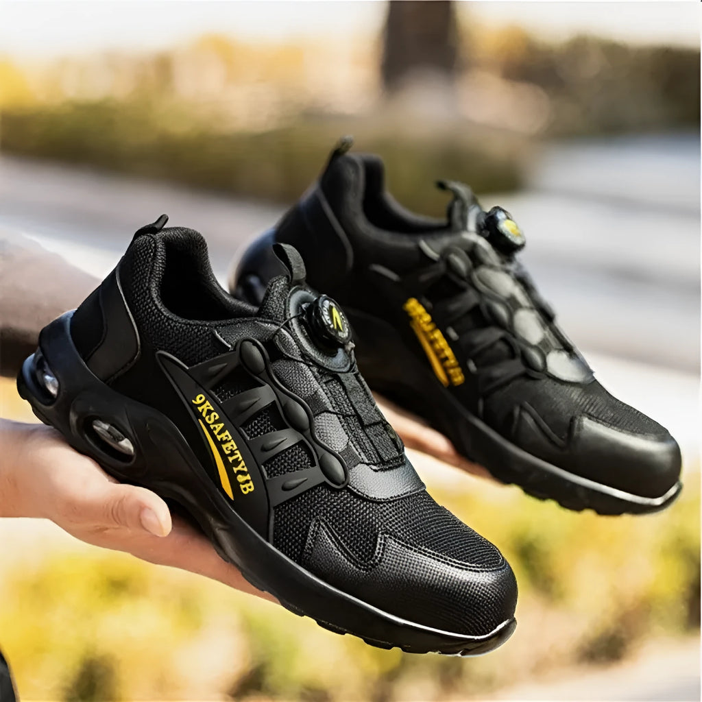 Men's 818Black suede safety shoes with steel toe, rubber sole, and front lace-up, sizes 37-46.
