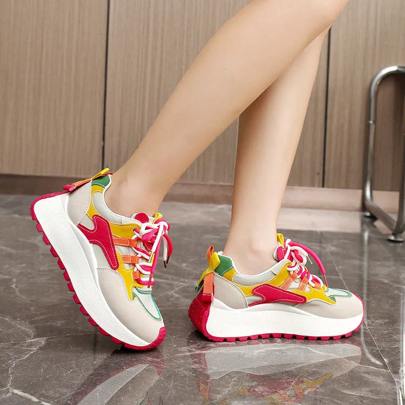 Women's green and red dad shoes with raised rubber sole, synthetic leather upper, round toe and front lace-up