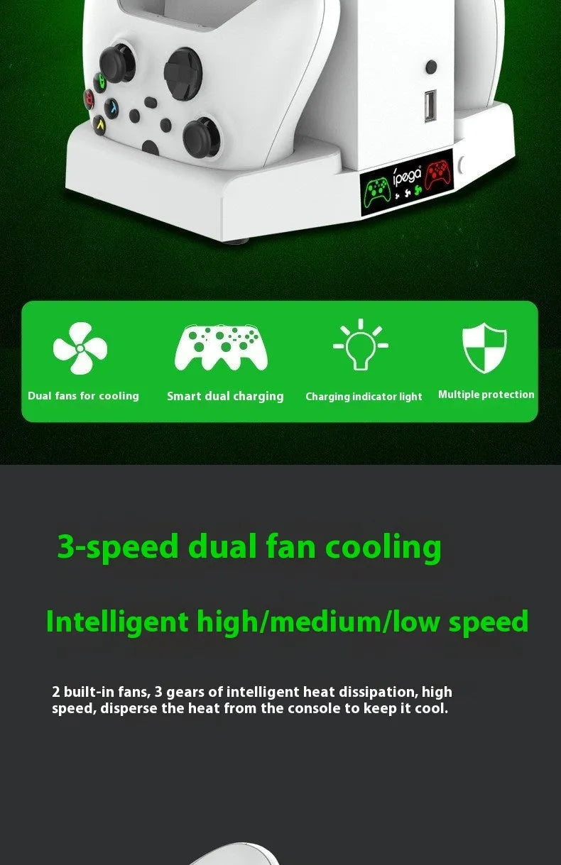 Xbox Series S multi-function charging cooler pad with fan, earphone hook, colourful light, ABS, black or white